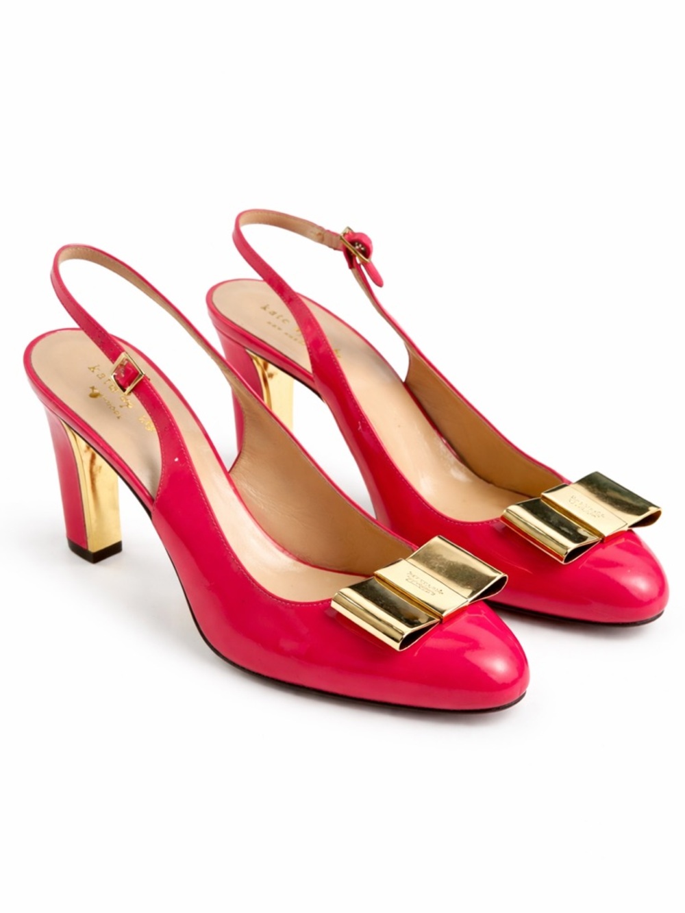 Kate Spade Hot Pink New York Patent Gold Bow Slingback Pumps Women’s Size 9